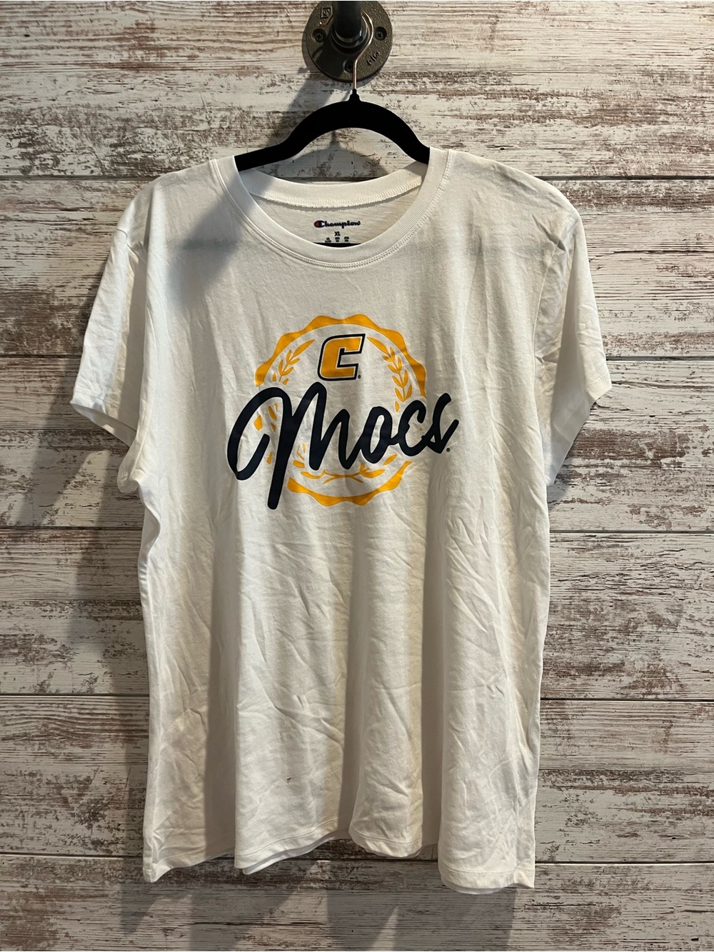 Champion White Short Sleeve 'Mocs' Graphic Tee with Yellow & Navy Crest